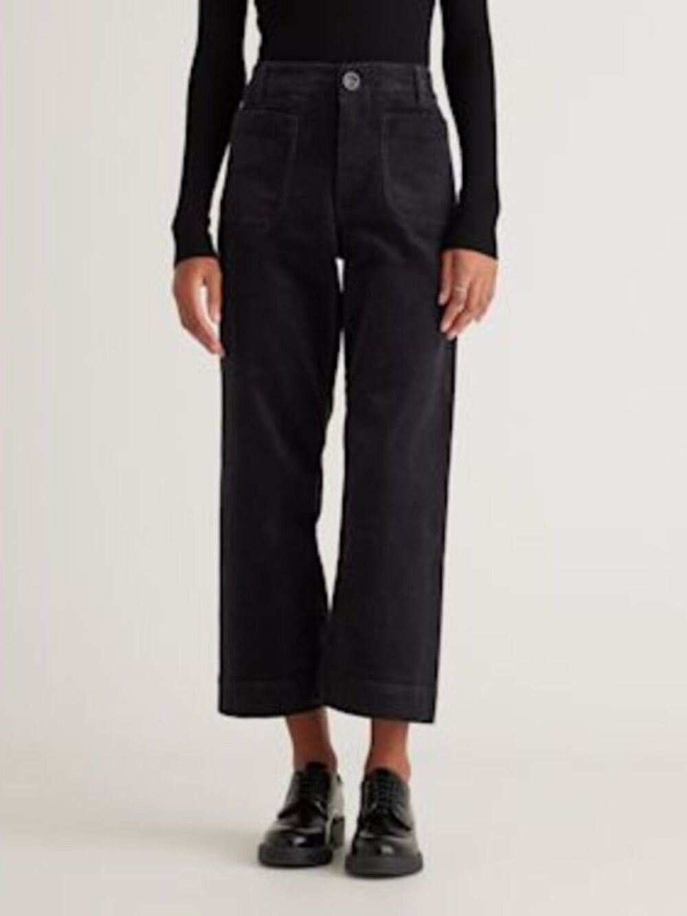 QUINCE STRETCH CORDUROY CROPPED WIDE LEG PANTS PATCH POCKETS BLACK sz 8